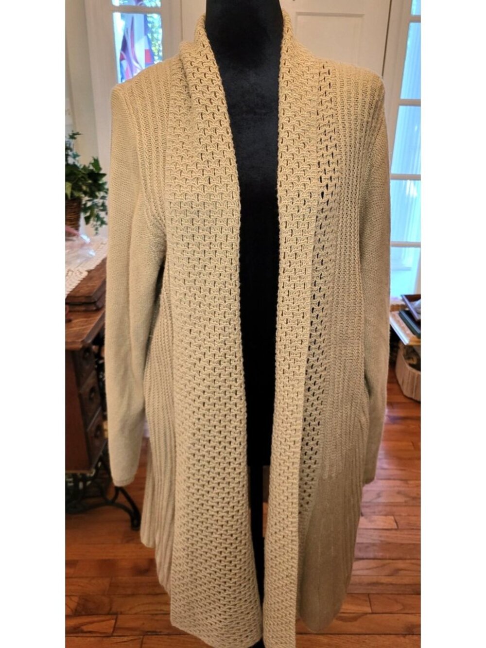 Kim Rogers Tan Shawl Collar Open Duster Cardigan Crochet 1X Boho Neutral Minimal
